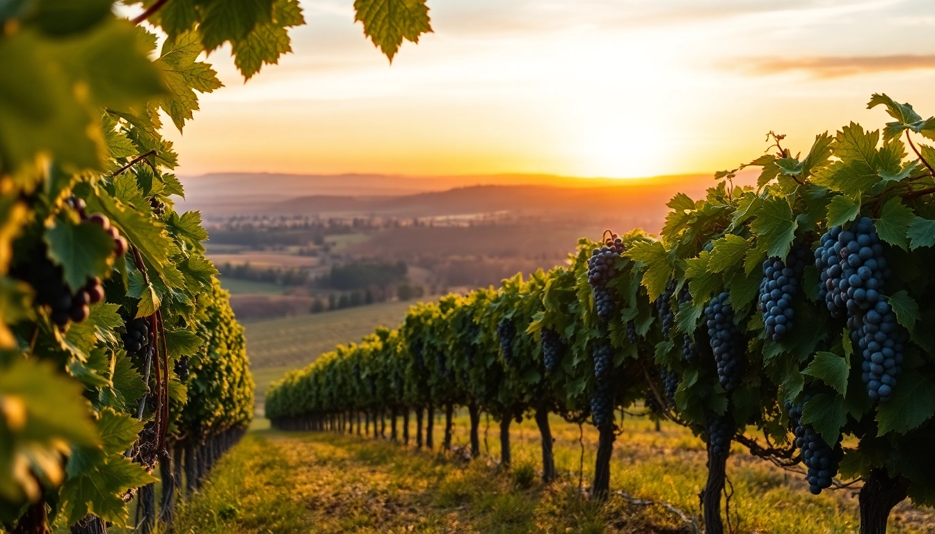 Beautiful view of clarksburg wineries with ripe grapevines in a tranquil sunset.
