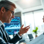 Analyze insights from globalwealthscope.com with a professional financial advisor in a modern office.