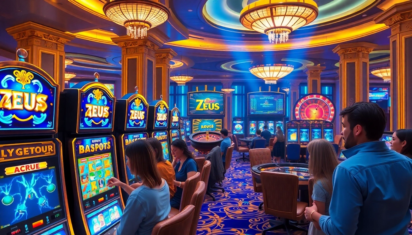 Players enjoying the Zeus slot games in a vibrant casino atmosphere filled with excitement.