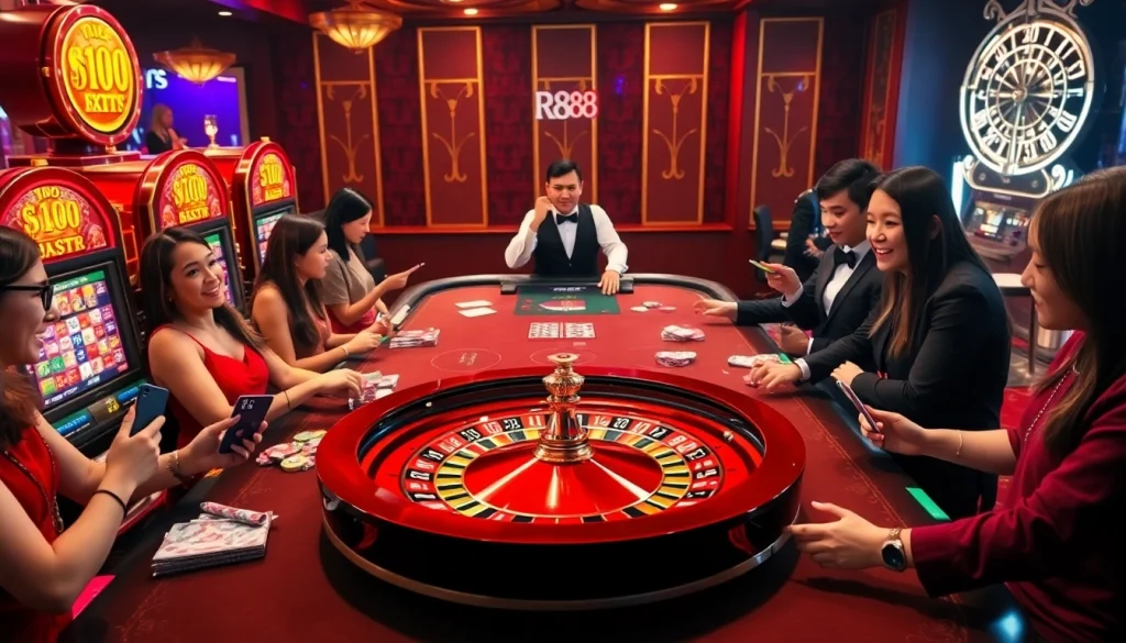 Experience the thrill of RR88 with vibrant casino tables filled with eager players enjoying their favorite games.