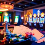 Dewacasino link alternatif showcases excitement in a luxurious casino environment with vibrant slot machines and roulette.