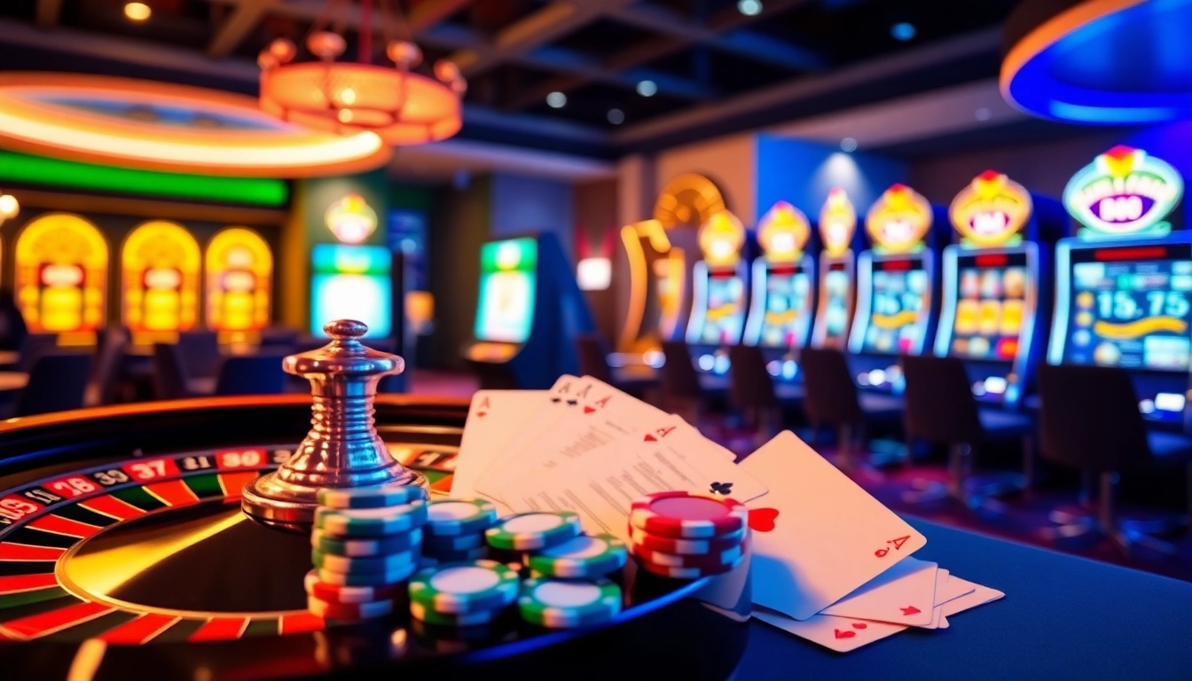 Dewacasino link alternatif showcases excitement in a luxurious casino environment with vibrant slot machines and roulette.