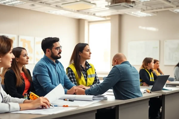 Engaging construction workforce development training session with diverse participants in bright classroom.