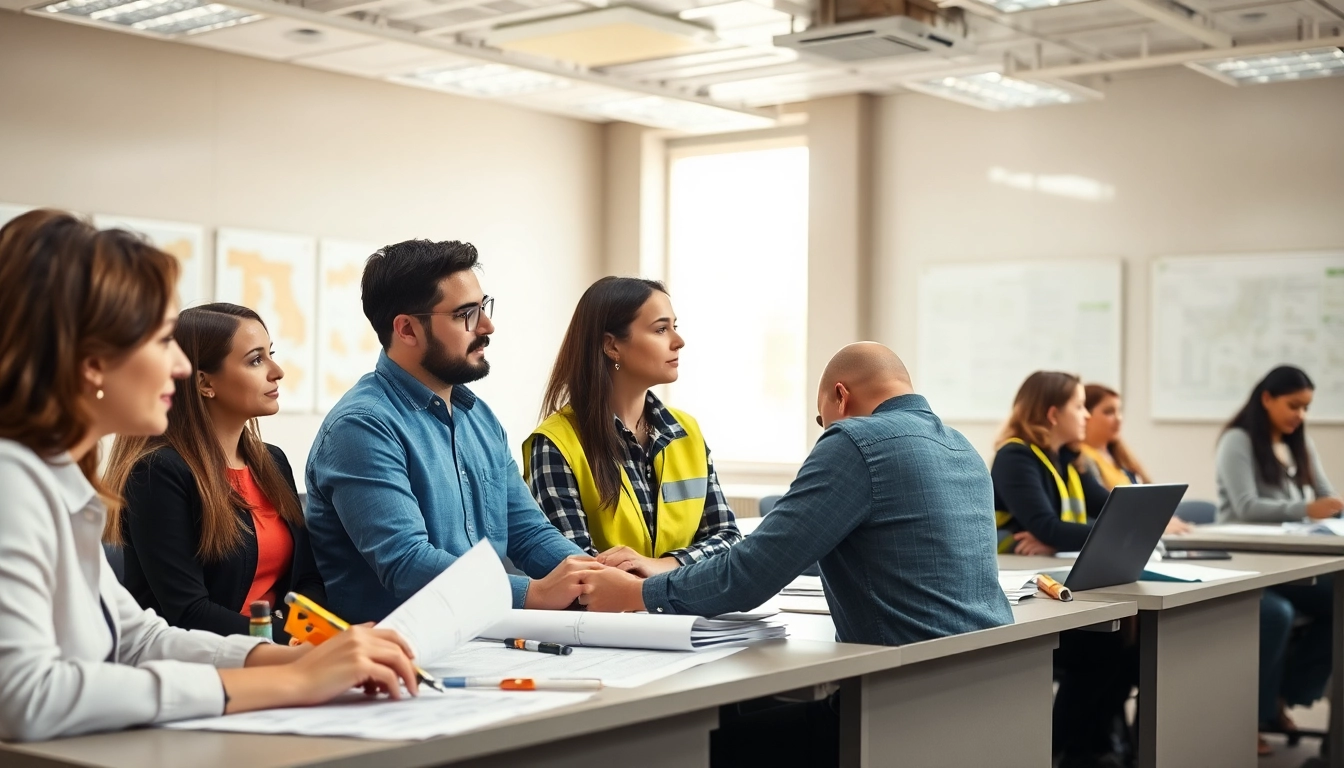 Engaging construction workforce development training session with diverse participants in bright classroom.