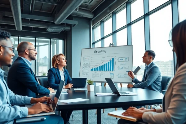 Engaged team exploring business growth insights in a modern office environment.