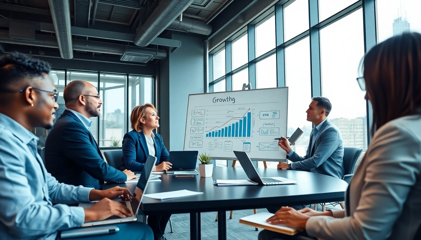 Engaged team exploring business growth insights in a modern office environment.