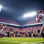 NFL schedule this weekend showcase with football players in action, vibrant stadium atmosphere.