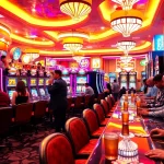Bermain di mesin slot deposit 1000 dengan suasana kasino yang ramai dan penuh warna.