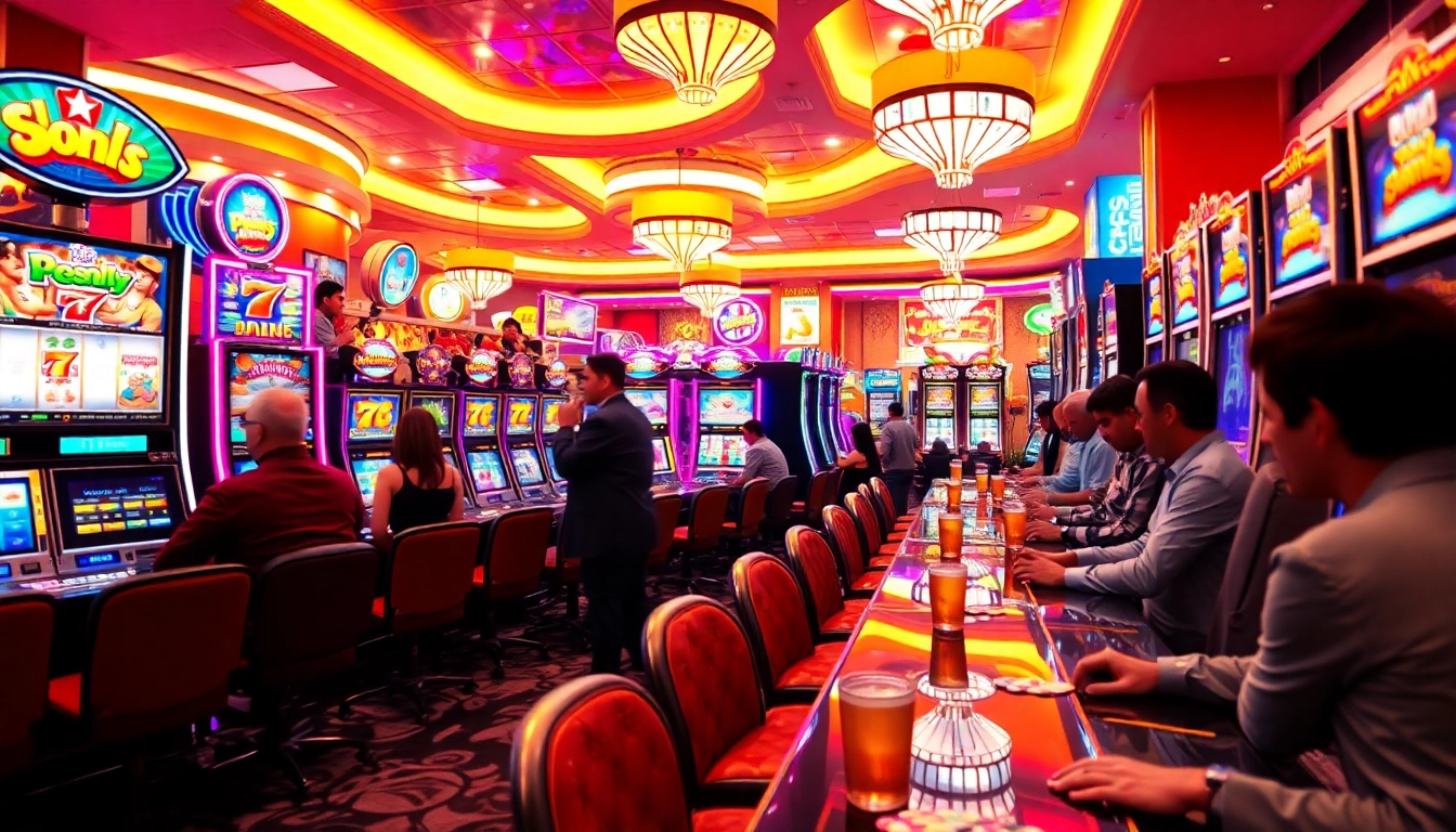 Bermain di mesin slot deposit 1000 dengan suasana kasino yang ramai dan penuh warna.