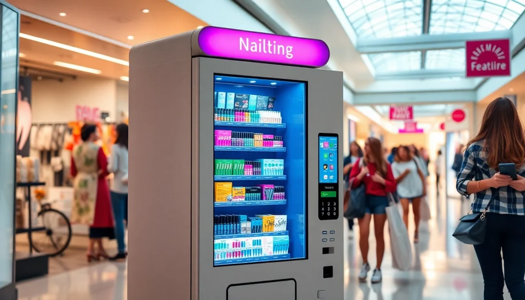 Nail vending machine displaying colorful nail products in a busy shopping mall.