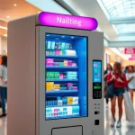 Nail vending machine displaying colorful nail products in a busy shopping mall.