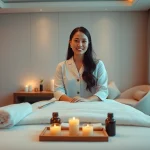 출장 massage therapist preparing a luxurious healing session in a serene hotel room.