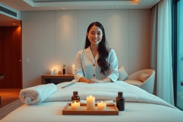 출장 massage therapist preparing a luxurious healing session in a serene hotel room.