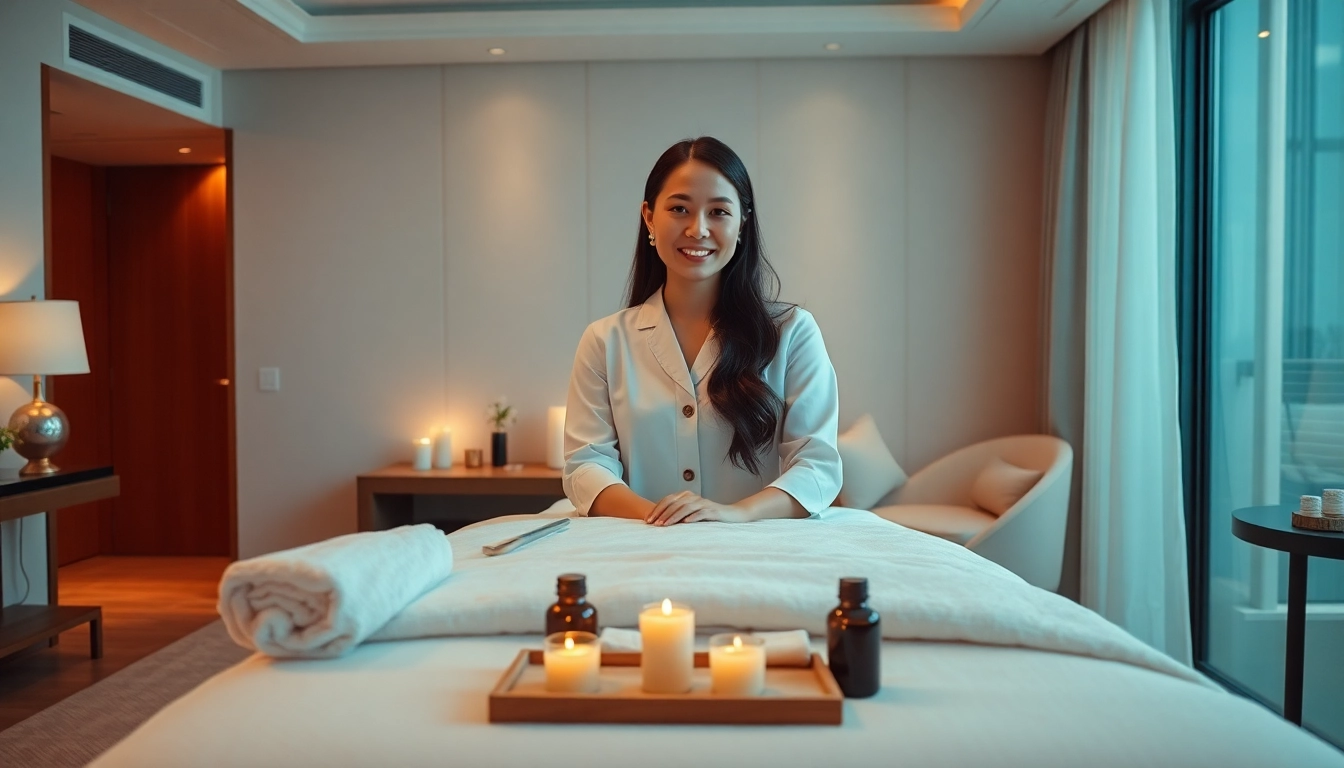 출장 massage therapist preparing a luxurious healing session in a serene hotel room.