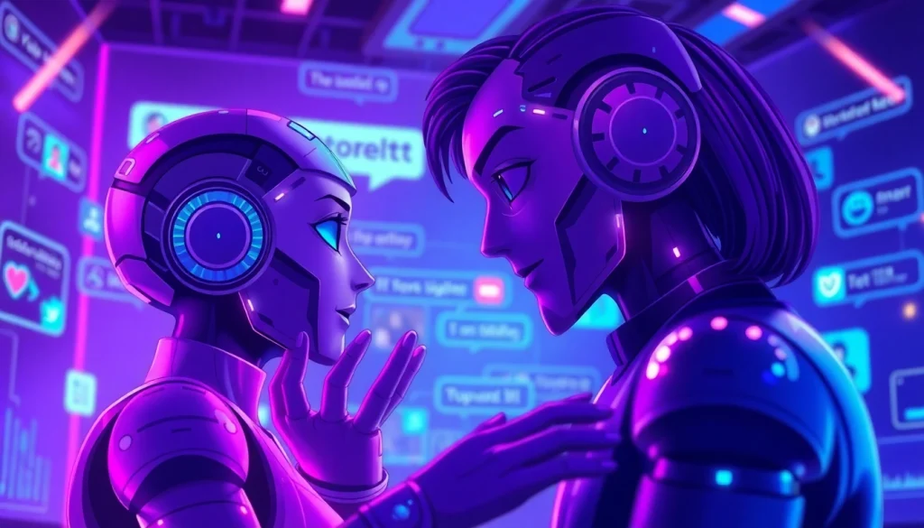 Engaging digital scene of NSFW character AI interactions with expressive avatars in a vibrant chat interface.