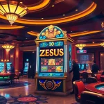 Berinteraksi dengan mesin slot Zeus yang menarik dalam suasana kasino yang hidup penuh energi mendebarkan.