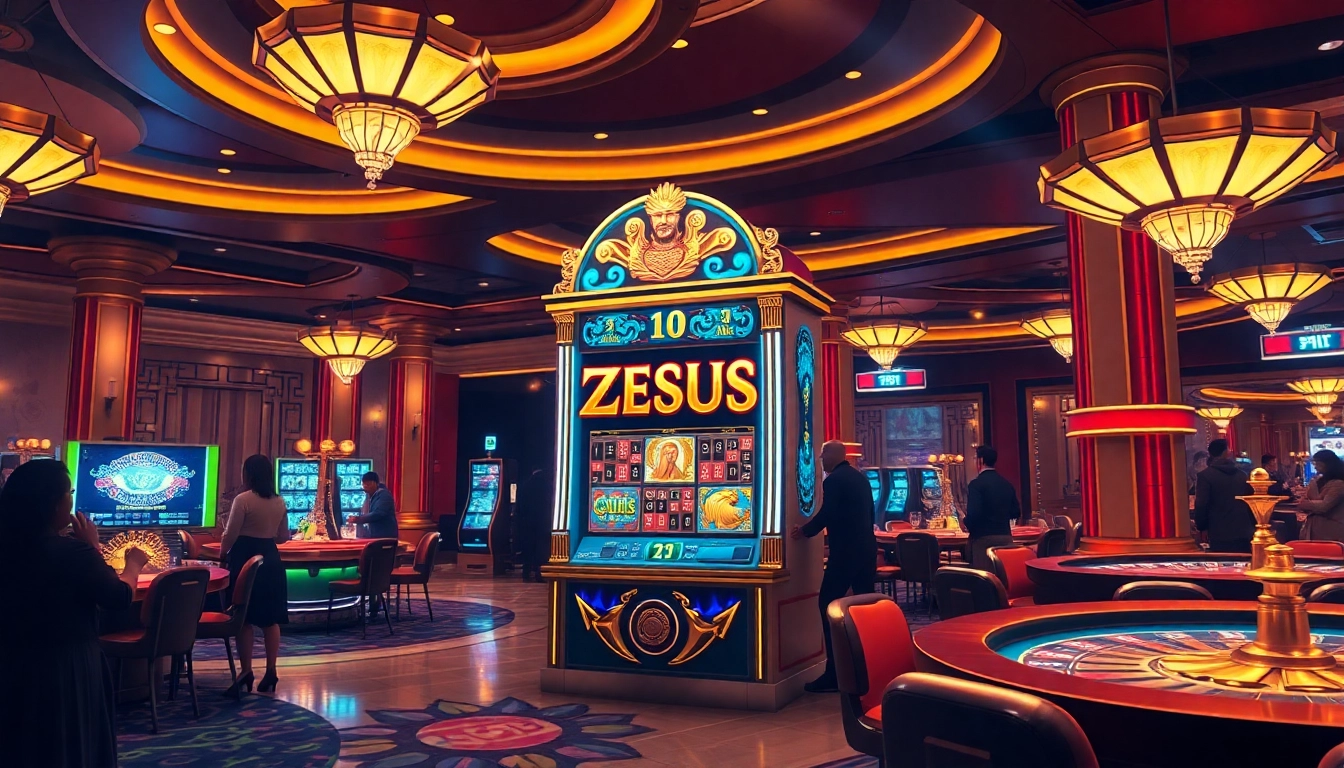 Berinteraksi dengan mesin slot Zeus yang menarik dalam suasana kasino yang hidup penuh energi mendebarkan.