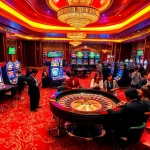 Experience the thrill of gaming at trang chủ thabet with an elegant casino scene filled with roulette tables and slot machines.