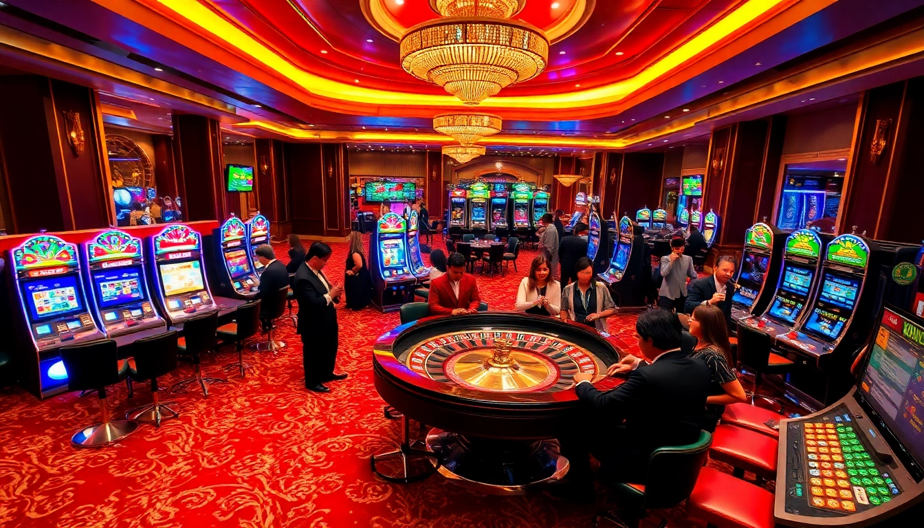 Experience the thrill of gaming at trang chủ thabet with an elegant casino scene filled with roulette tables and slot machines.