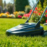 Electric lawn mower cordless cutting a lush lawn with quiet efficiency.