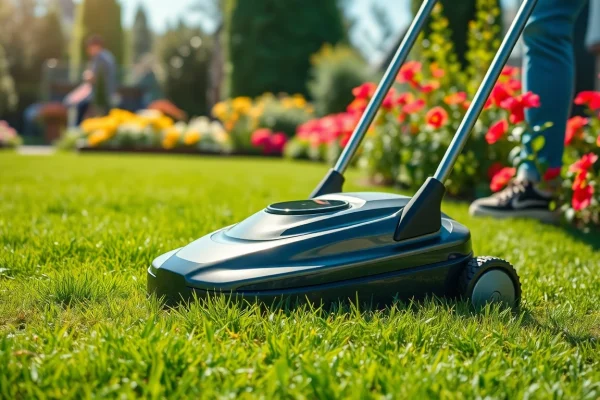 Electric lawn mower cordless cutting a lush lawn with quiet efficiency.