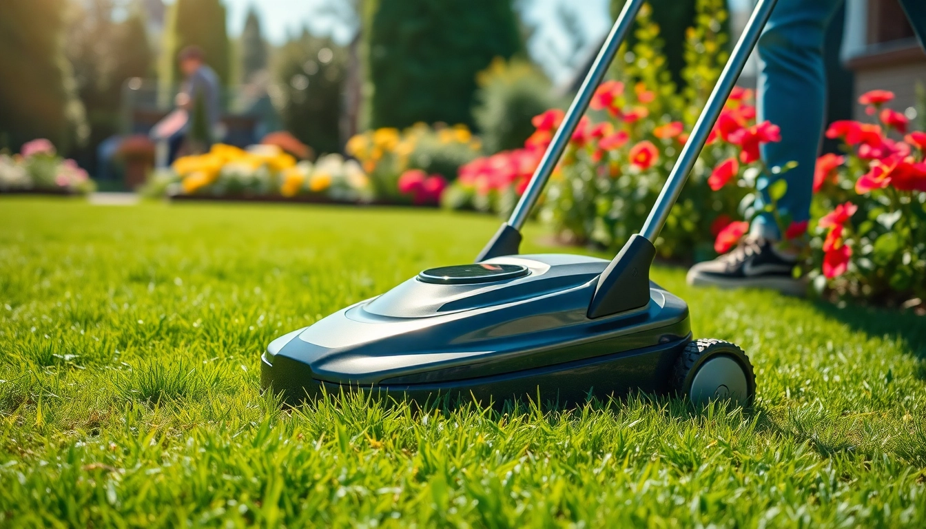 Electric lawn mower cordless cutting a lush lawn with quiet efficiency.