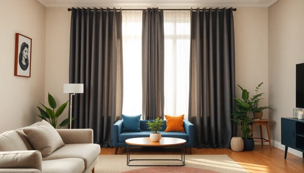 Bekijk verduisterende gordijnen in een stijlvolle woonkamer met een warme uitstraling.