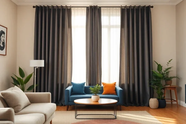 Bekijk verduisterende gordijnen in een stijlvolle woonkamer met een warme uitstraling.
