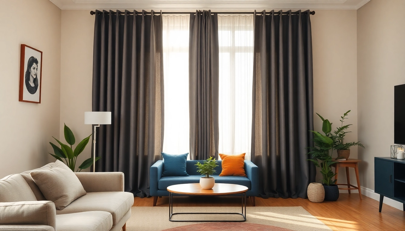Bekijk verduisterende gordijnen in een stijlvolle woonkamer met een warme uitstraling.