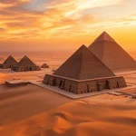 Explore the ancient pyramids, including the Great Pyramid, under a stunning sunset sky.