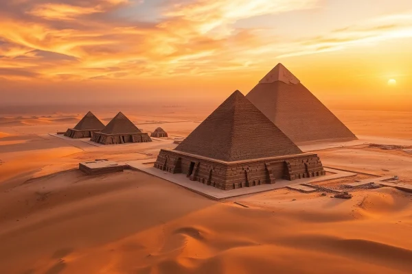 Explore the ancient pyramids, including the Great Pyramid, under a stunning sunset sky.