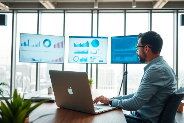 Analyze the Find competitor customer list in a modern office setting with digital insights.