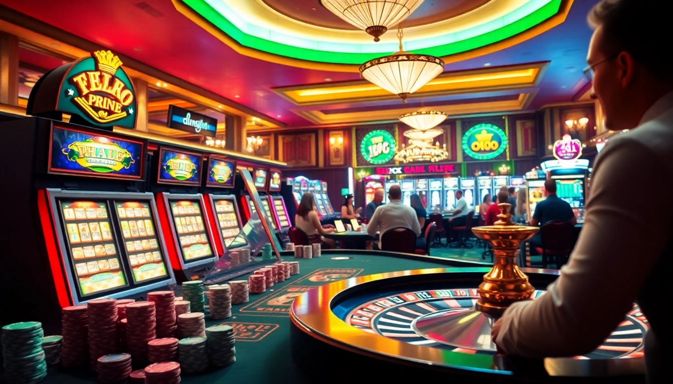 Players enjoying a thrilling game at the idnslot casino gaming table with colorful slot machines.