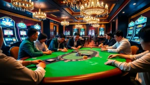 Engaging players using bk8thai ทางเข้า at a luxurious poker table in a vibrant casino environment.