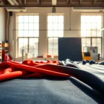 Visuele presentatie van spandex stof met diverse texturen en kleuren in een stoffen studio.