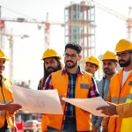 Construction workforce development demonstrated through teamwork on a lively job site.