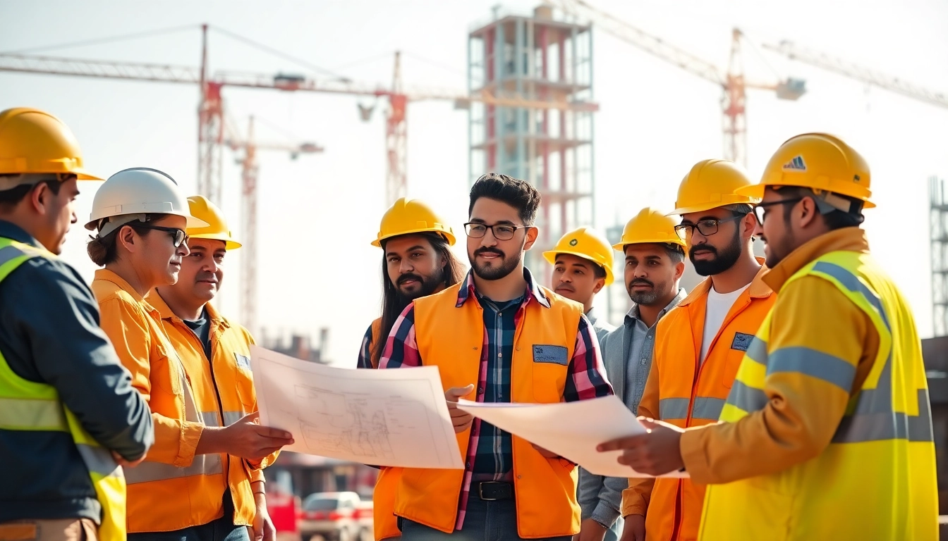 Construction workforce development demonstrated through teamwork on a lively job site.