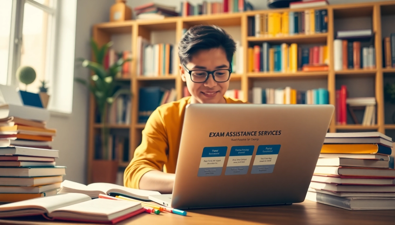Student using exam assistance services in a cozy study environment, focusing on learning and preparation.
