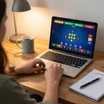 Watch engaging online blackjack gameplay on https://www.mnm88.com/, featuring stylish home gaming setup with strategy notes