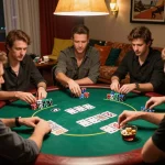 Engaging poker game scene illustrating Đăng Ký NET88 for new account holders, showcasing friends in friendly competition with cards and chips visible
