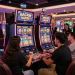 Excitement at a slot gacor hari ini casino with friends playing vibrant games.