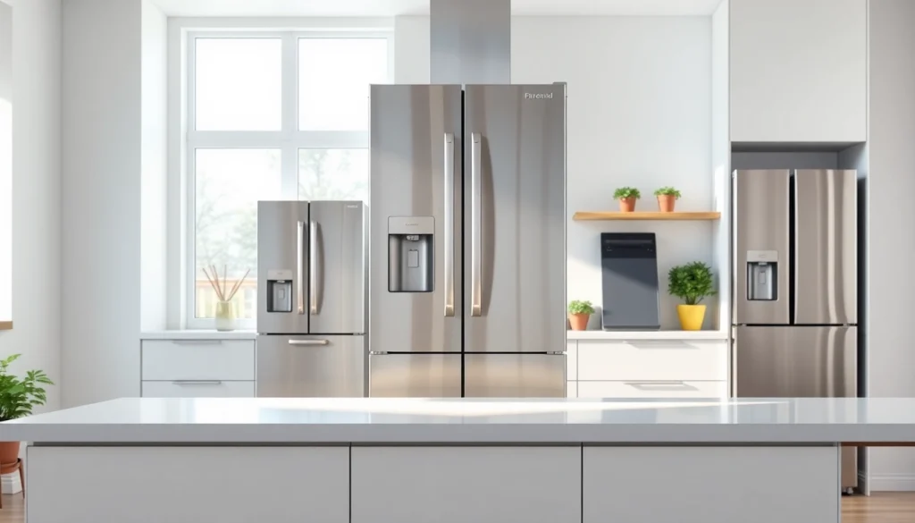 Shop modern refrigerator sales with a stunning stainless steel refrigerator in a bright kitchen setting.