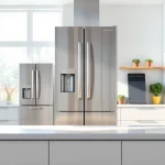 Shop modern refrigerator sales with a stunning stainless steel refrigerator in a bright kitchen setting.