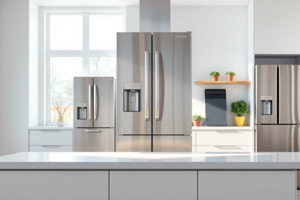 Shop modern refrigerator sales with a stunning stainless steel refrigerator in a bright kitchen setting.
