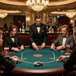 Players enjoying a high-stakes game at OK365's luxurious casino poker table, reflecting elegance and intense gameplay