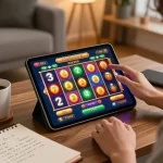Player enjoying an exciting slot game on a tablet, showcasing engaging gameplay and colorful visuals