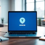 在现代工作区的笔记本电脑上显示的快连 VPN 界面，呈现无缝连接体验。