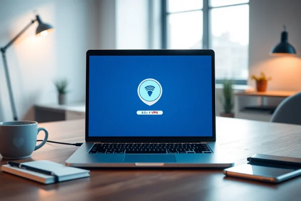 在现代工作区的笔记本电脑上显示的快连 VPN 界面，呈现无缝连接体验。