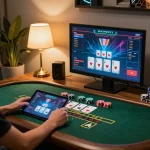 W88 player enjoying a thrilling live dealer game experience on a tablet in a cozy gaming setup