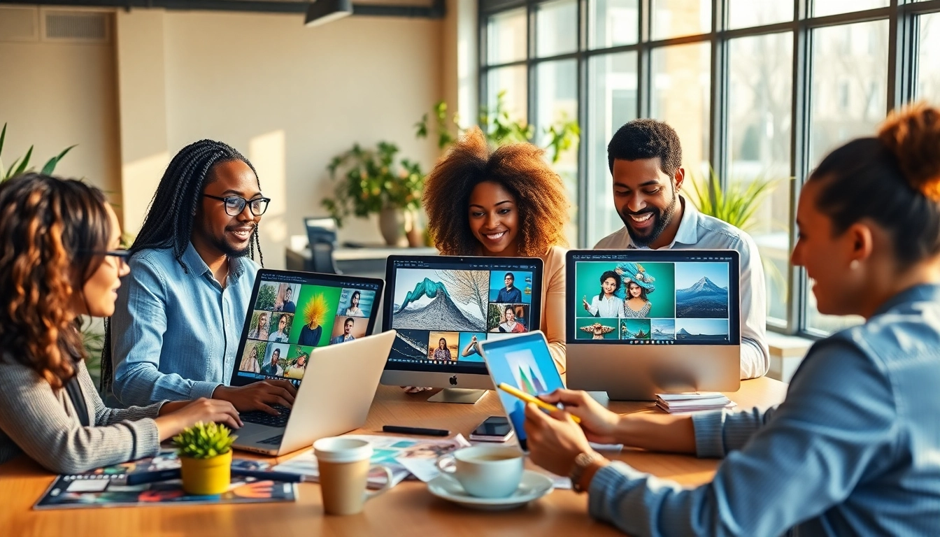 Creative professionals editing square images in a modern workspace.